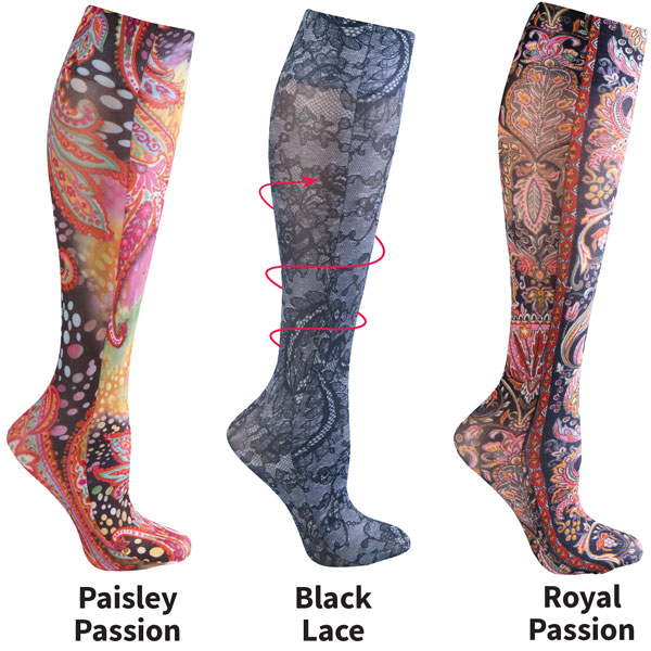 Celeste Stein&reg; Women's Printed Closed Toe Moderate Compression Knee High Stockings - Paisley & Lace - 3 Pack