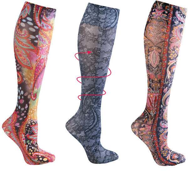 Celeste Stein&reg; Women's Printed Closed Toe Moderate Compression Knee High Stockings - Paisley & Lace - 3 Pack