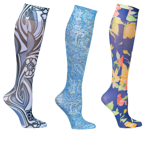 Mild Compression Printed Knee High Stockings - Shades of Blue Set of 3 Asst