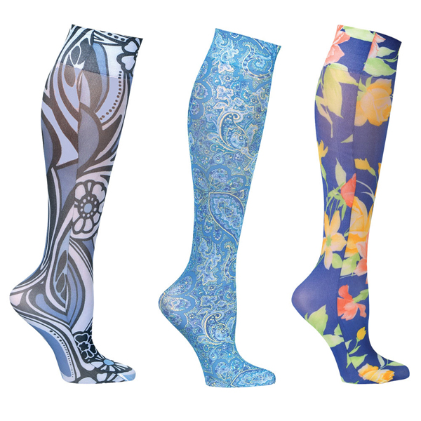 Mild Compression Wide Calf Printed Knee High Stockings - Shades of Blue Set of 3 Asst