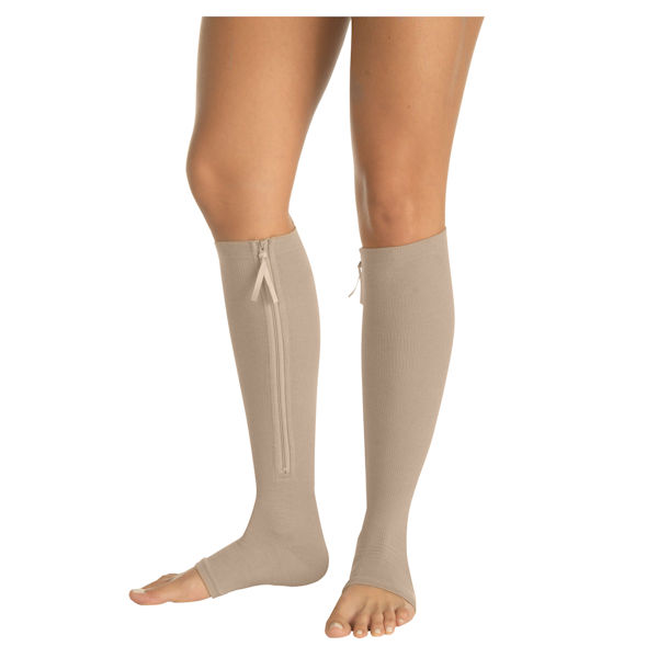 Opaque Open Toe Firm Compression Knee High Compression Socks With Gel Sole & Zipper