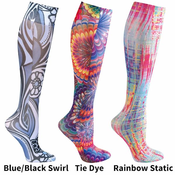 Celeste Stein Women's Printed Closed Toe Wide Calf Mild Compression Knee High Stockings - Brights - 3 Pack