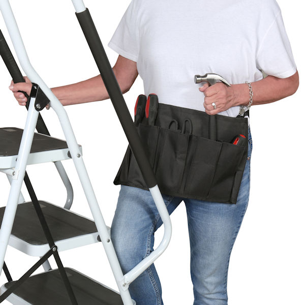 Product image for Support Plus Folding 3-Step Safety Step Ladder - Padded Side Handrails & Attachable Tool Pouch Caddy