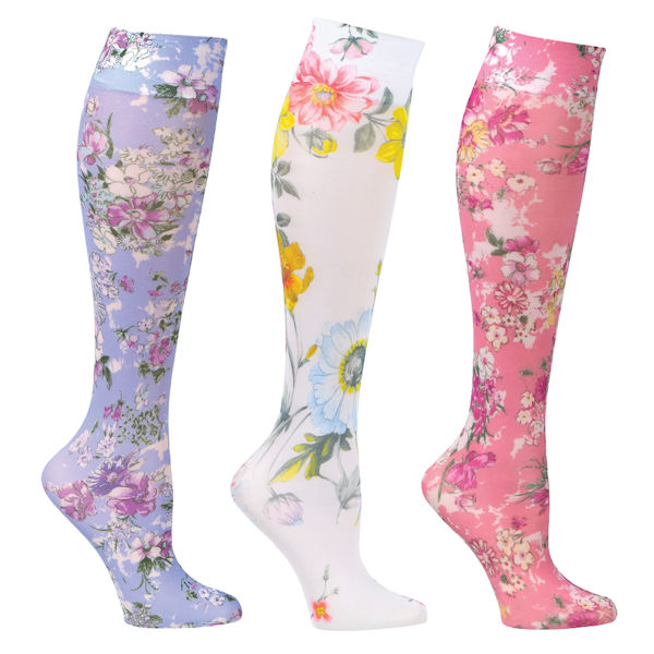 Women's Printed Closed Toe Wide Calf Mild Compression Knee High Stockings - Floral Wow - 3 Pack