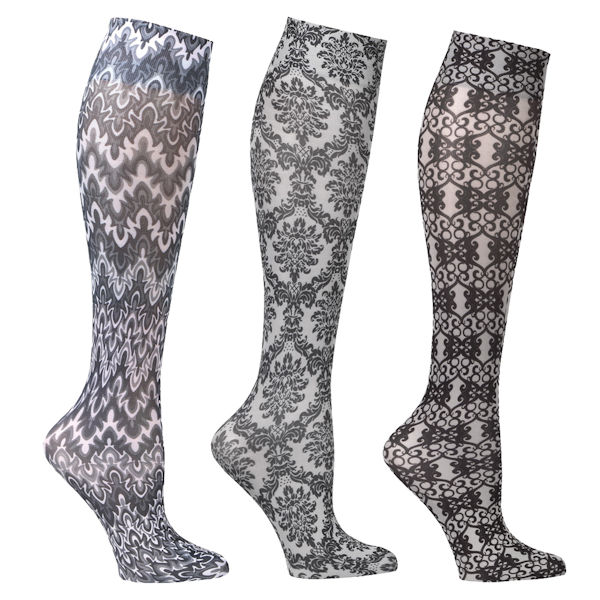 Women's Printed Closed Toe Wide Calf Mild Compression Knee High Stockings - Black - 3 Pack