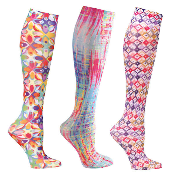 Women's Printed Closed Toe Wide Calf Mild Compression Knee High Stockings - Colorful - 3 Pack