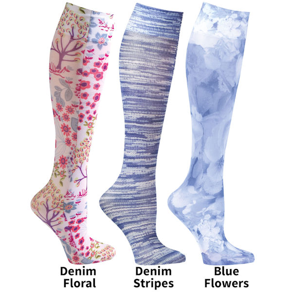 Women's Printed Closed Toe Wide Calf Mild Compression Knee High Stockings - Denim - 3 Pack