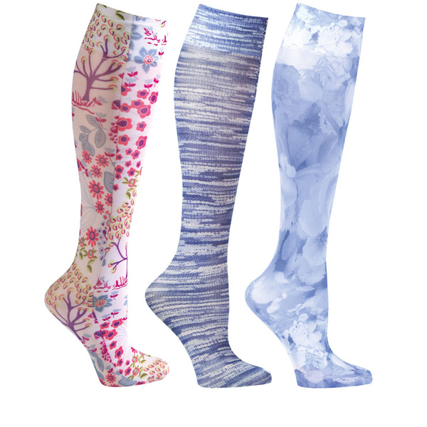 Women's Printed Closed Toe Wide Calf Mild Compression Knee High Stockings - Denim - 3 Pack