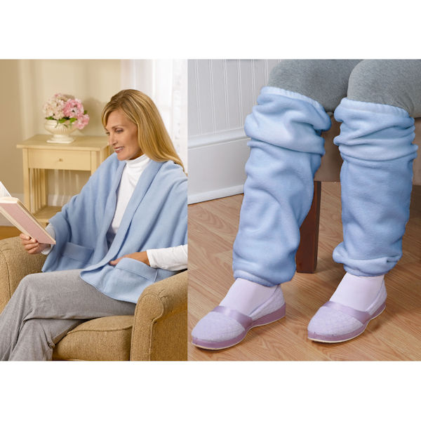 Fleece Pocket Shawl and Regular Leg Warmers Light Blue