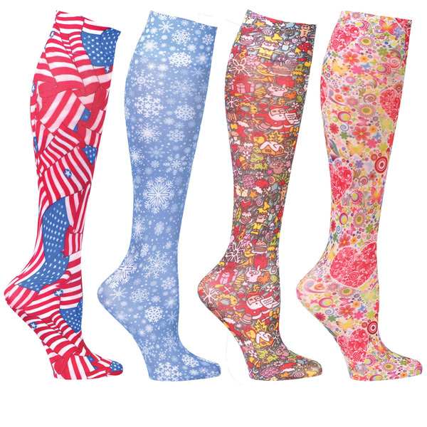 Celeste Stein Women's Printed Queen Closed Toe Mild Compression Knee High Stockings - 4 Pack