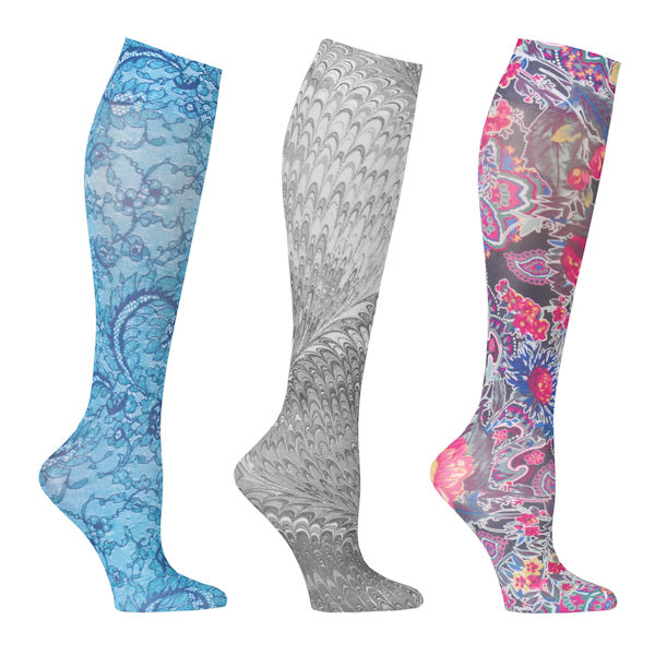 Celeste Stein Women's Limited Edition Printed Regular Calf Mild Compression Knee High Stockings - 3 Pack