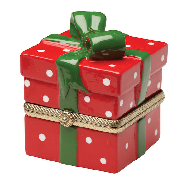Porcelain Surprise Christmas Ornaments - Red Gift Box with Green Ribbon and White Dots