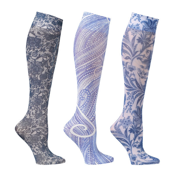 Celeste Stein&reg; Women's Printed Closed Toe Wide Calf Mild Compression Knee High Stockings - 3 pack