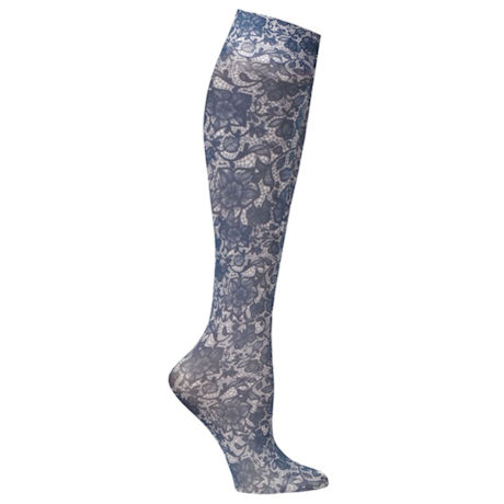 Celeste Stein Women's Printed Closed Toe Moderate Compression Knee High Stockings - Navy Lace