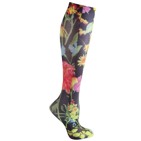 Celeste Stein Women's Printed Closed Toe Mild Compression Knee High stocking - Black Wildflowers