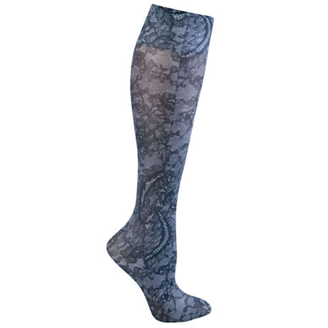 Celeste Stein Women's Printed Closed Toe Wide Calf Moderate Compression Knee High Stockings - Black Lace