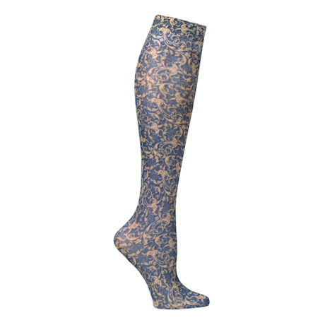 Celeste Stein Women's Printed Closed Toe Mild Compression Knee High Stockings - Wide Calf - Navy Damask