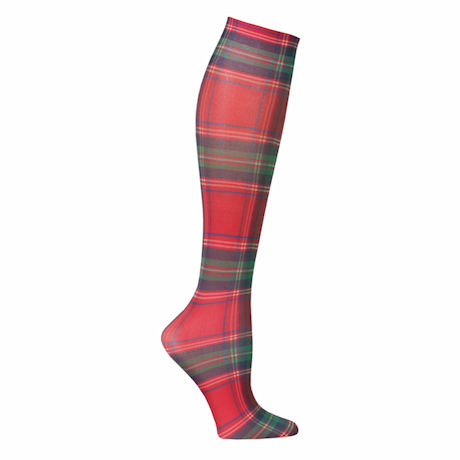 Celeste Stein Women's Printed Closed Toe Moderate Compression Knee High Stockings - Tartan Red Plaid