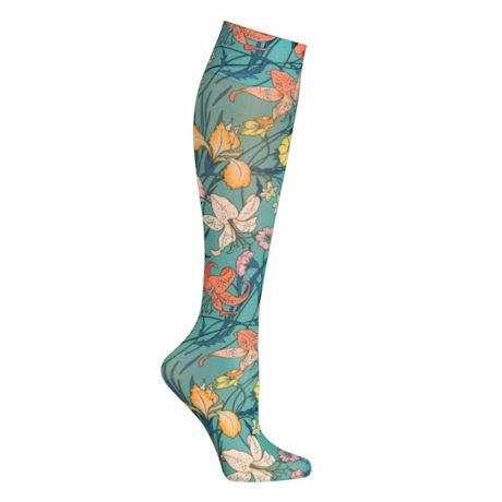 Celeste Stein Women's Printed Closed Toe Mild Compression Knee High stocking - Turquoise Lilies