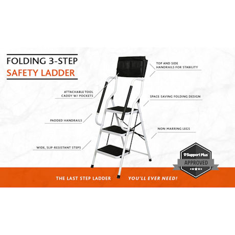 Support Plus® Folding 3-Step Safety Step Ladder - Padded Side Handrails & Attachable Tool Pouch Caddy