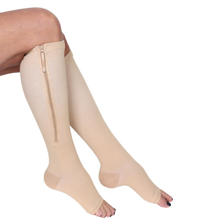 Women's Firm Compression Zip Closure Open Toe Knee High Stockings