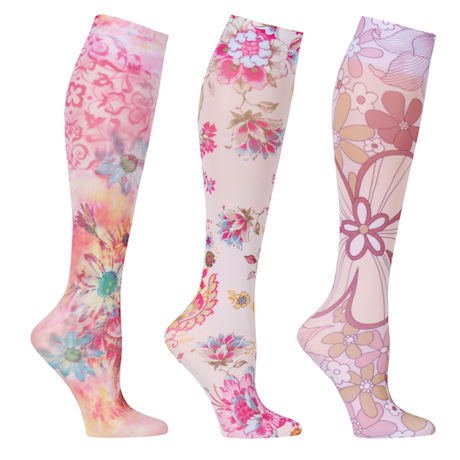 Celeste Stein Women's Limited Edition Printed Wide Calf Moderate Compression Knee High Stockings - 3 Pack