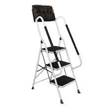 Support Plus Folding 3-Step Safety Step Ladder - Padded Side Handrails & Attachable Tool Pouch Caddy