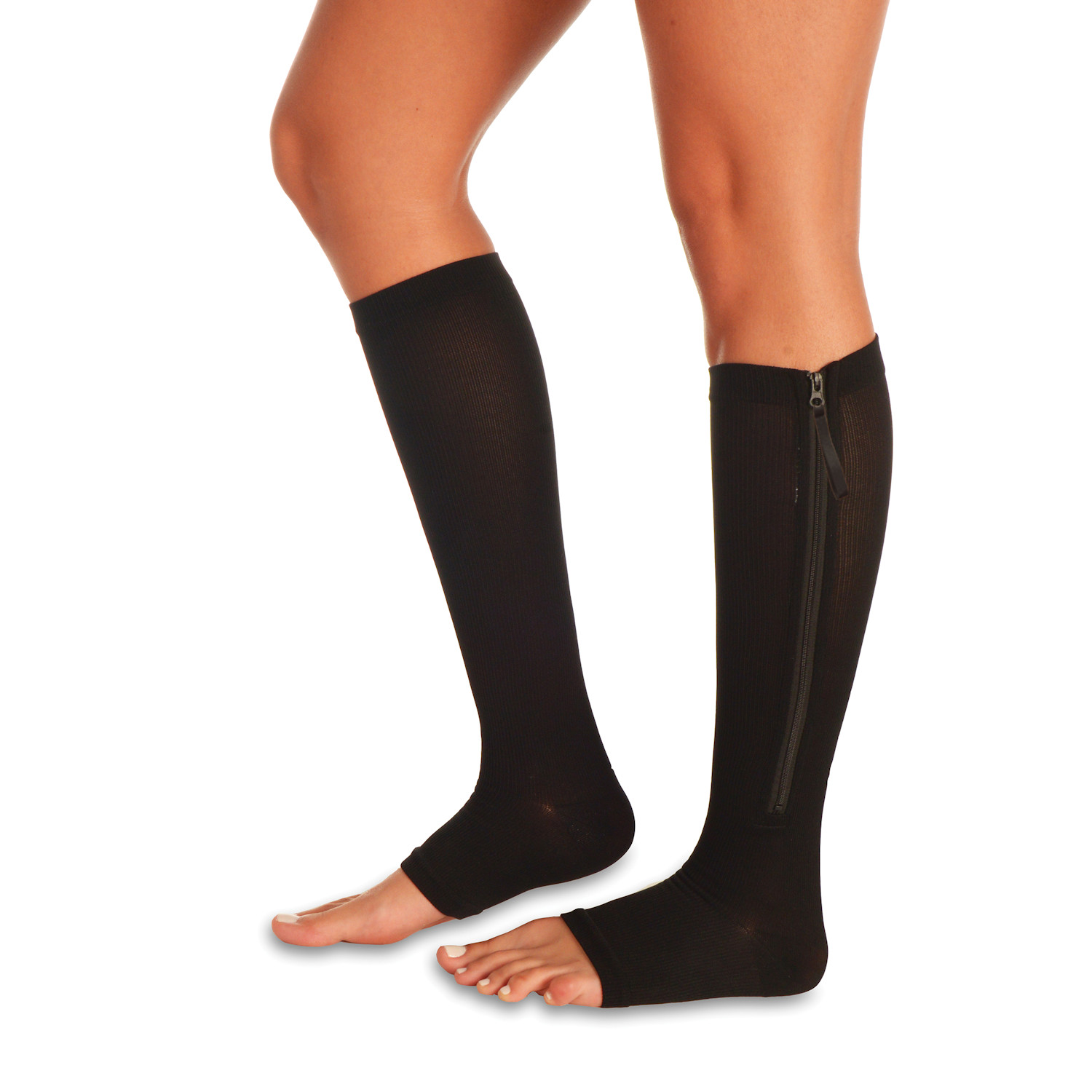 Women's Firm Compression Zip Closure Open Toe Knee High Stockings ...